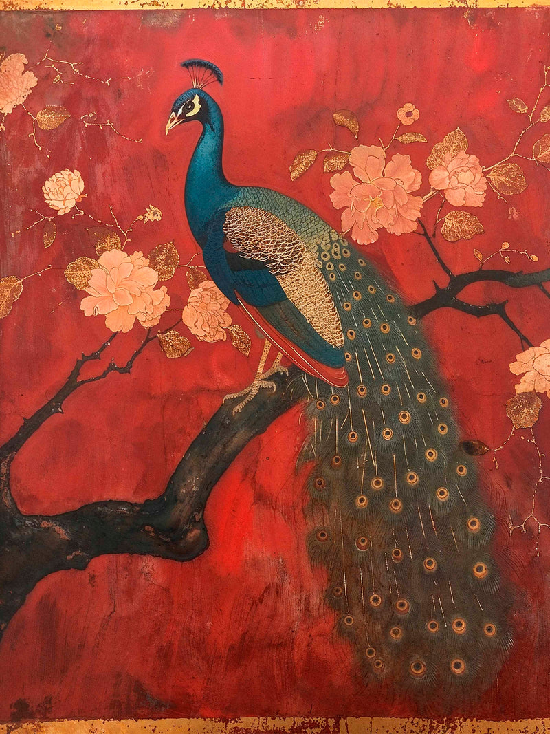 Opulent Grace - Peacock Amidst Blossoms