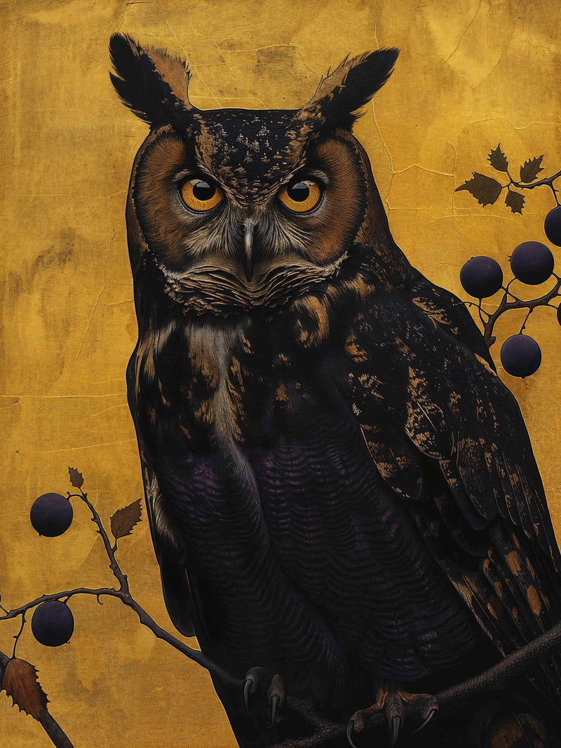 Golden Gaze - Great Horned Owl Among Berries
