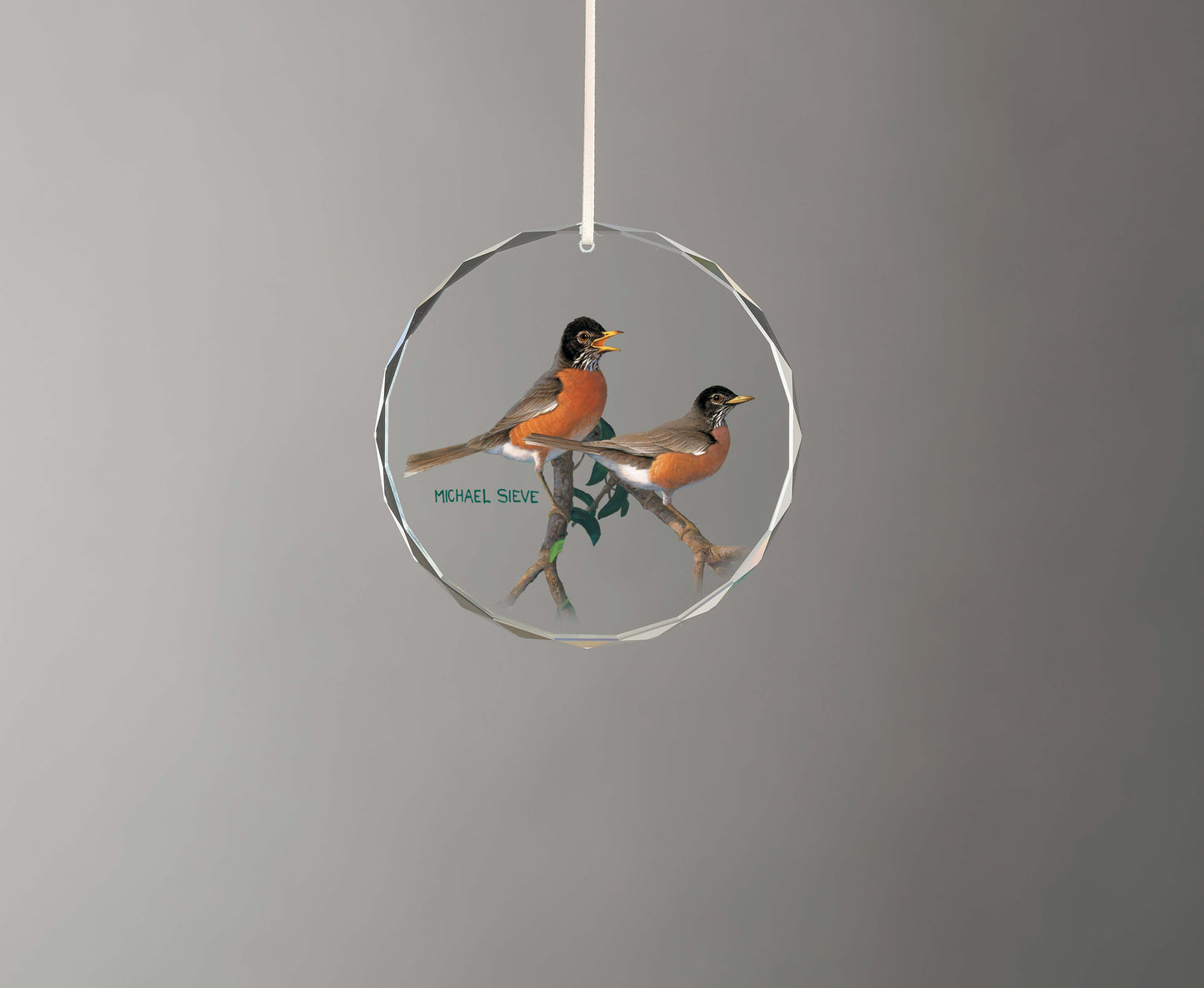 Apple Blossom Time Robins - Round Glass Ornament