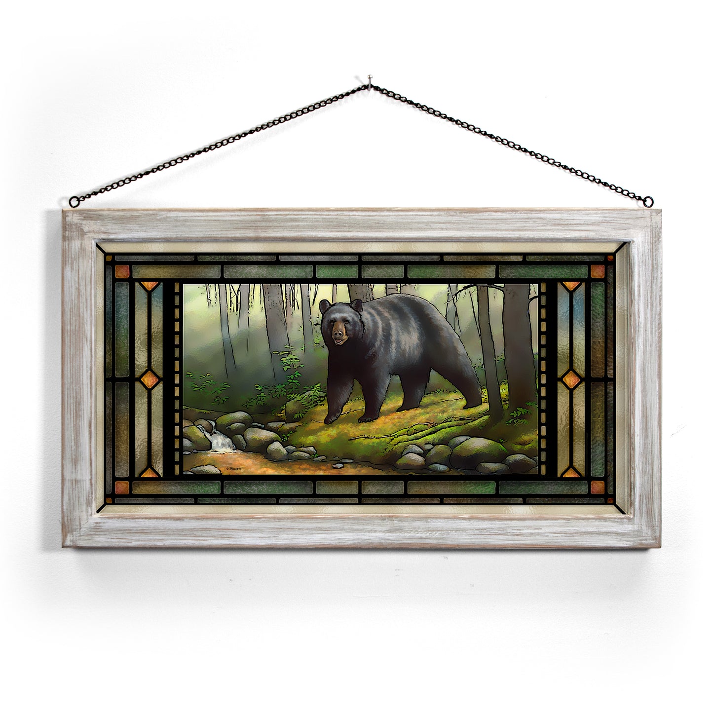 Woodland Morning - Black Bear - 13" x 23" Stained Glass Art