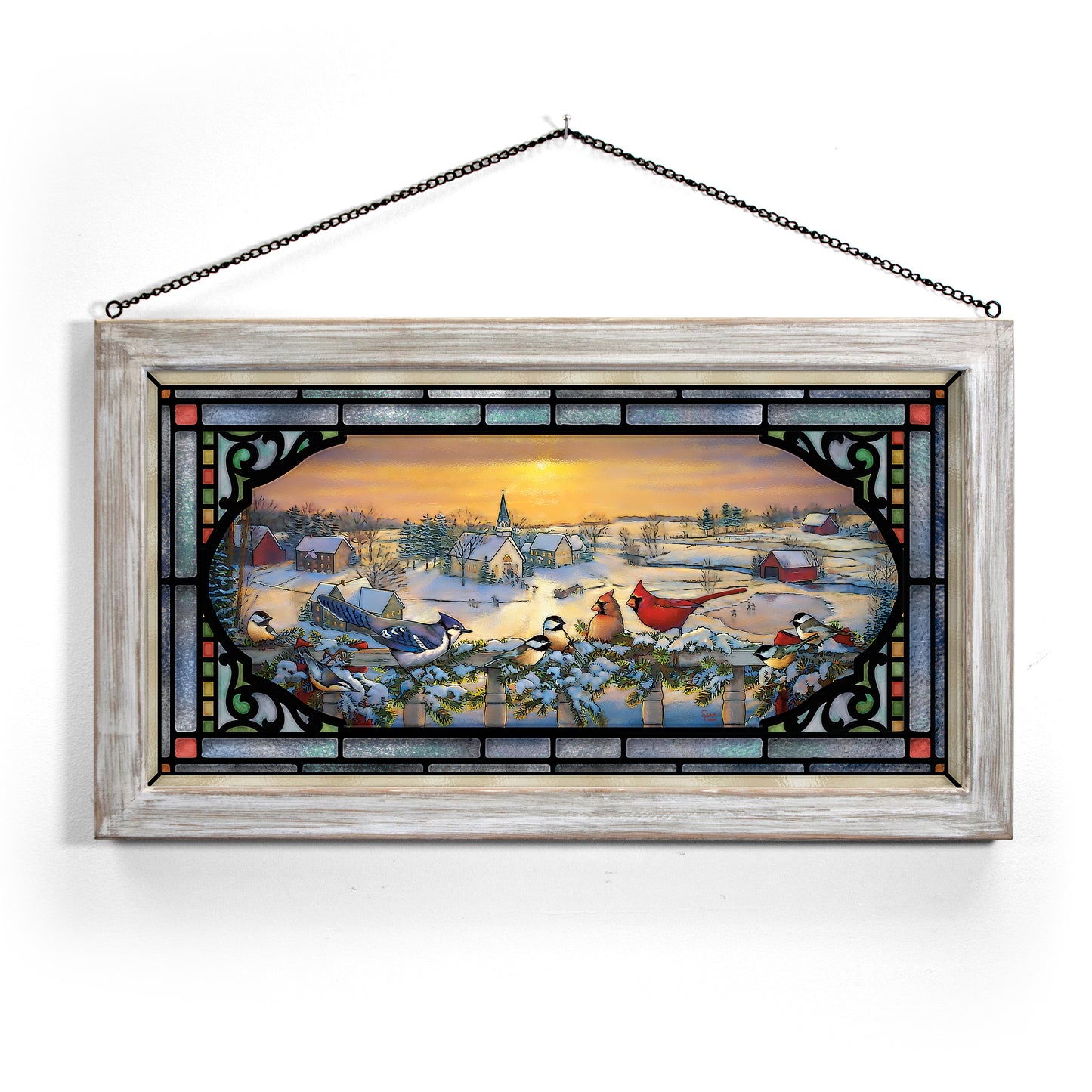 Winter Porch Chatter - 13" x 23" Stained Glass Art