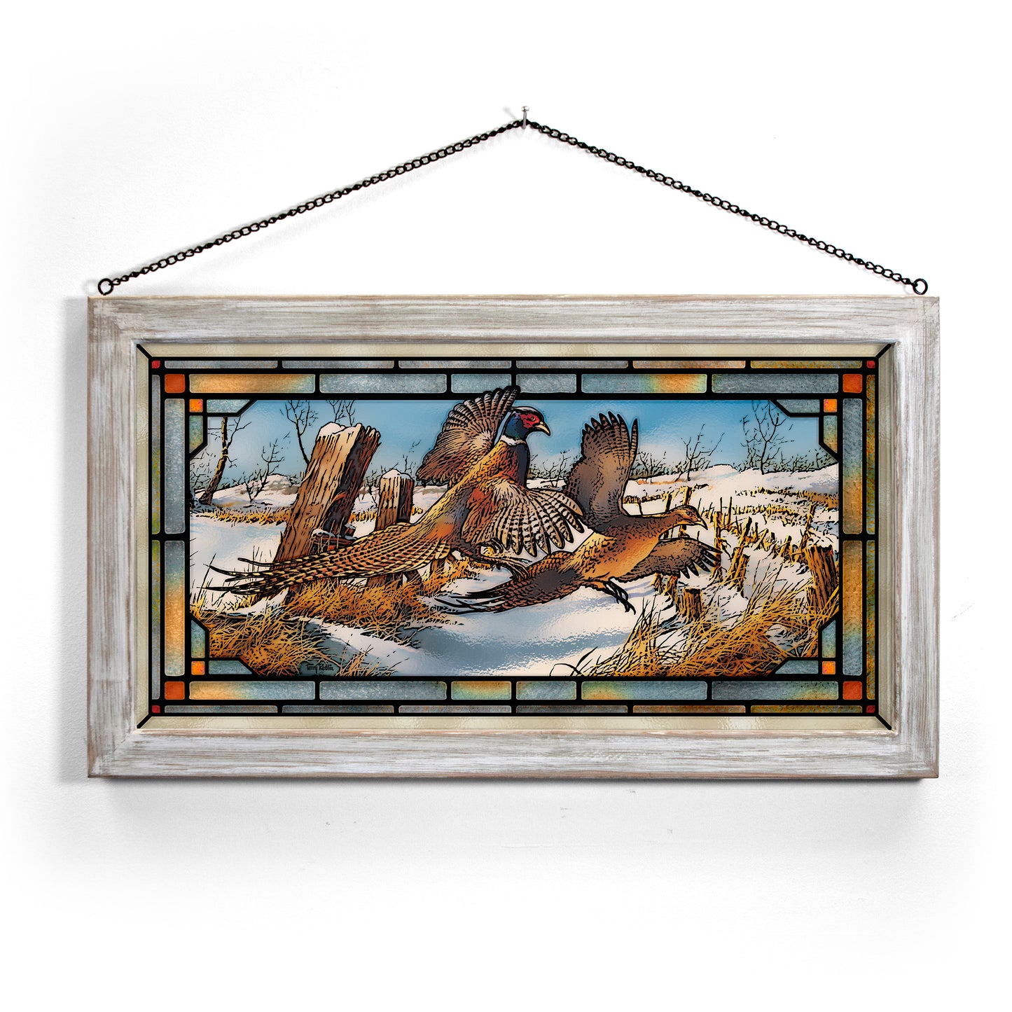 Clearing the Rail - Pheasants - 13" x 23" Stained Glass Art
