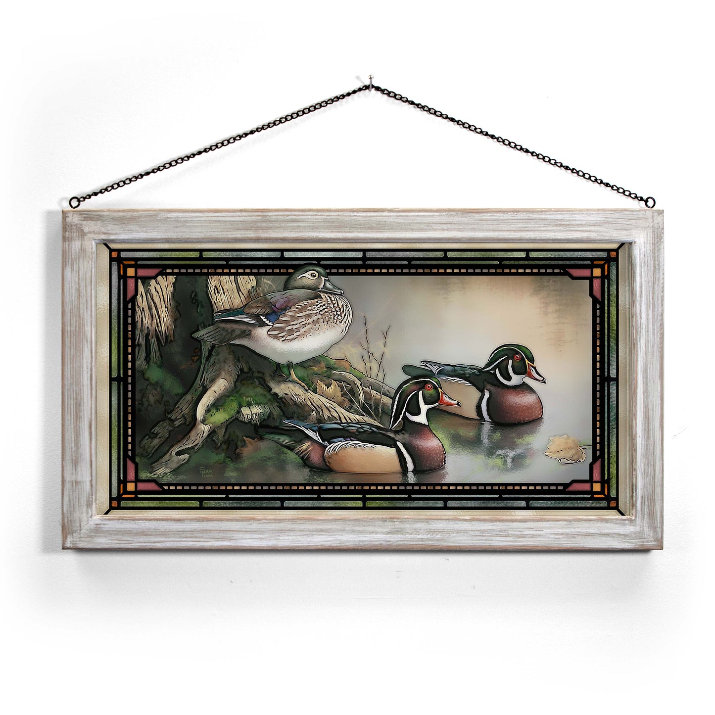 Backwater Wood Ducks - 13" x 23" Stained Glass Art