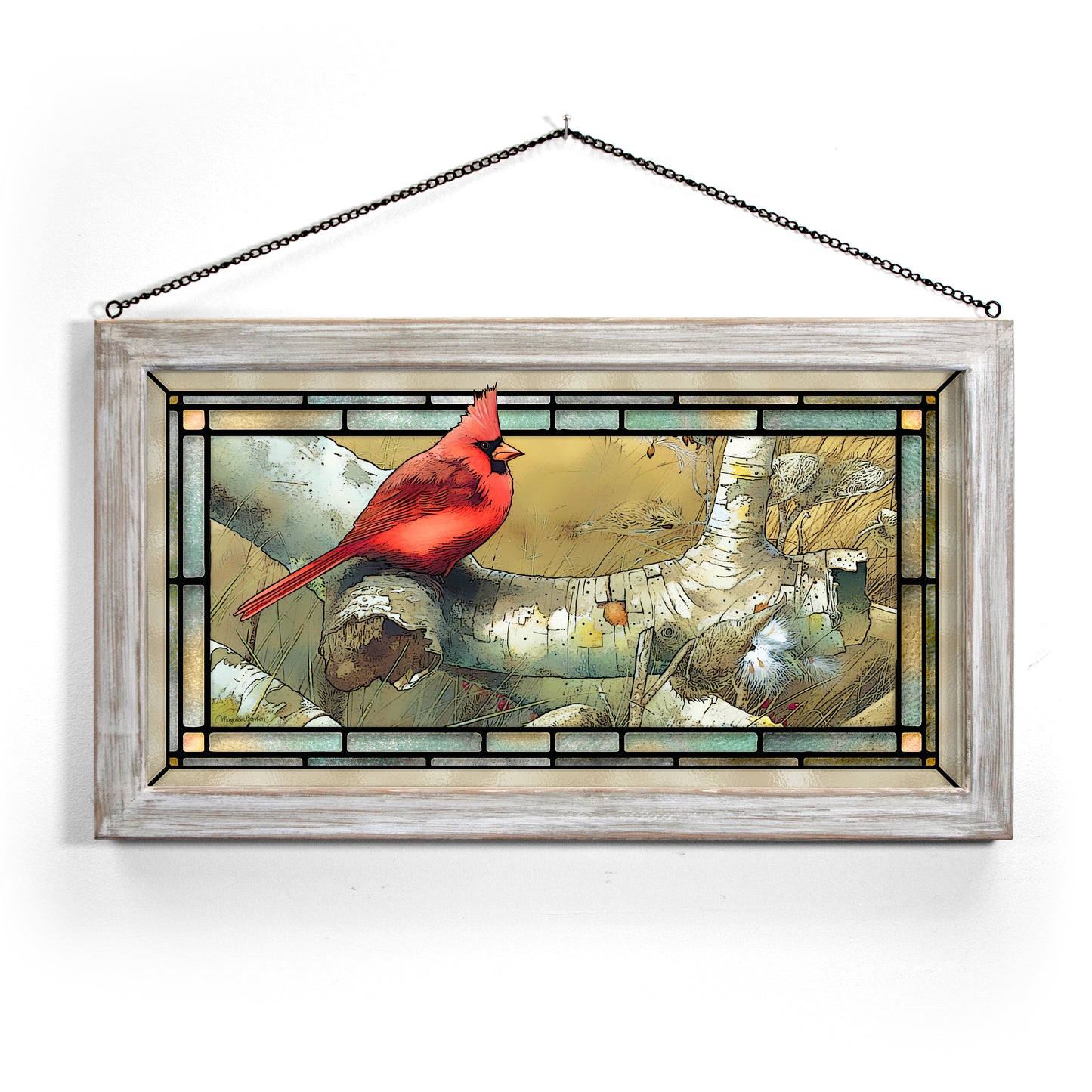 Cardinal on Sycamore - 13" x 23" Stained Glass Art