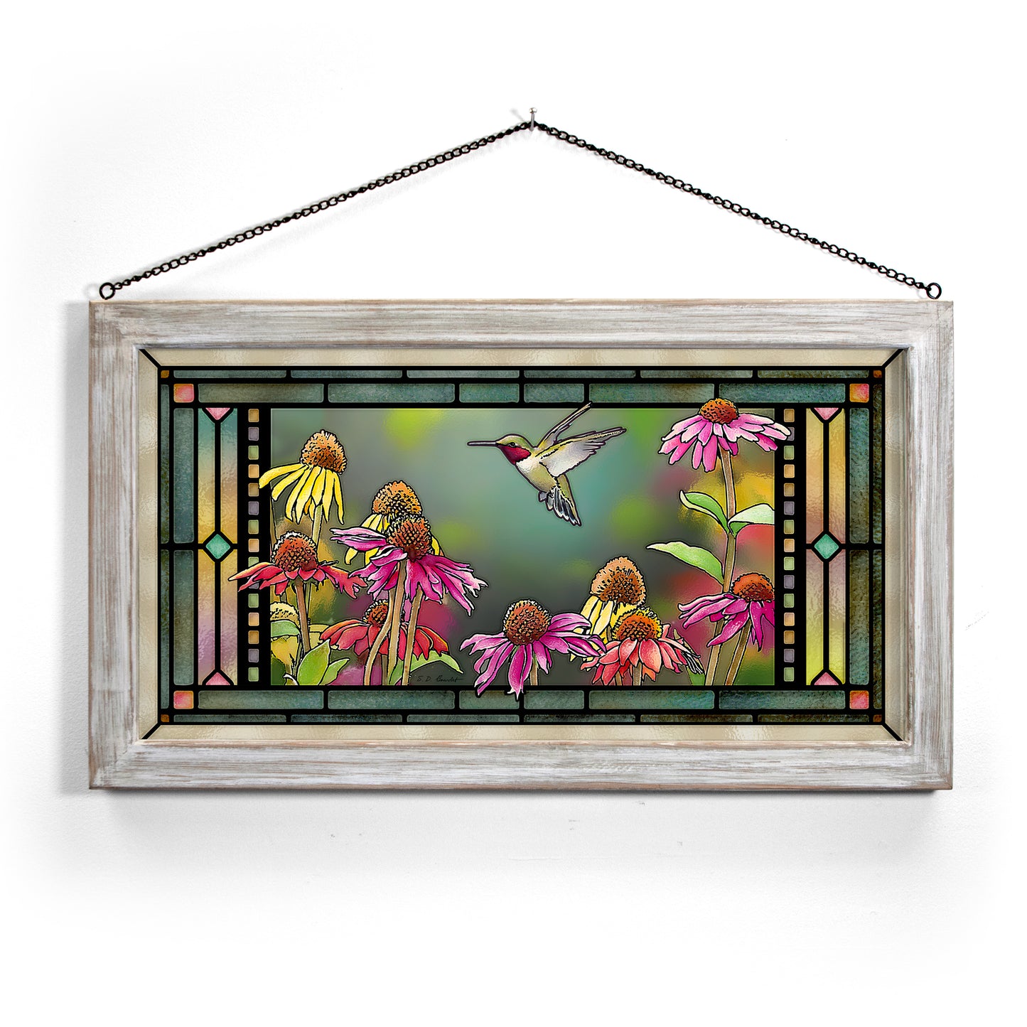Ruby in Echinacea - 13" x 23" Stained Glass Art