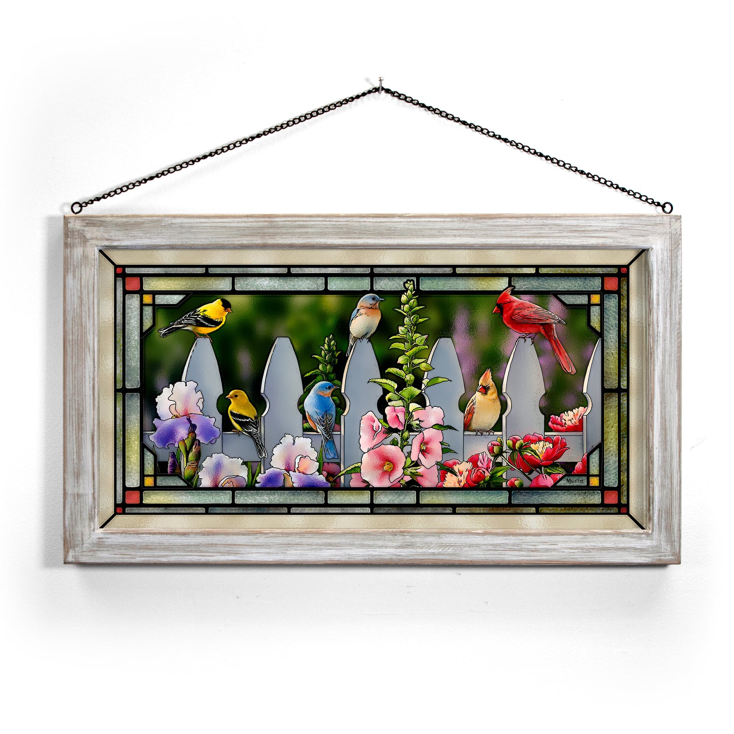 Picket Fence - Songbirds - 13" x 23" Stained Glass Art