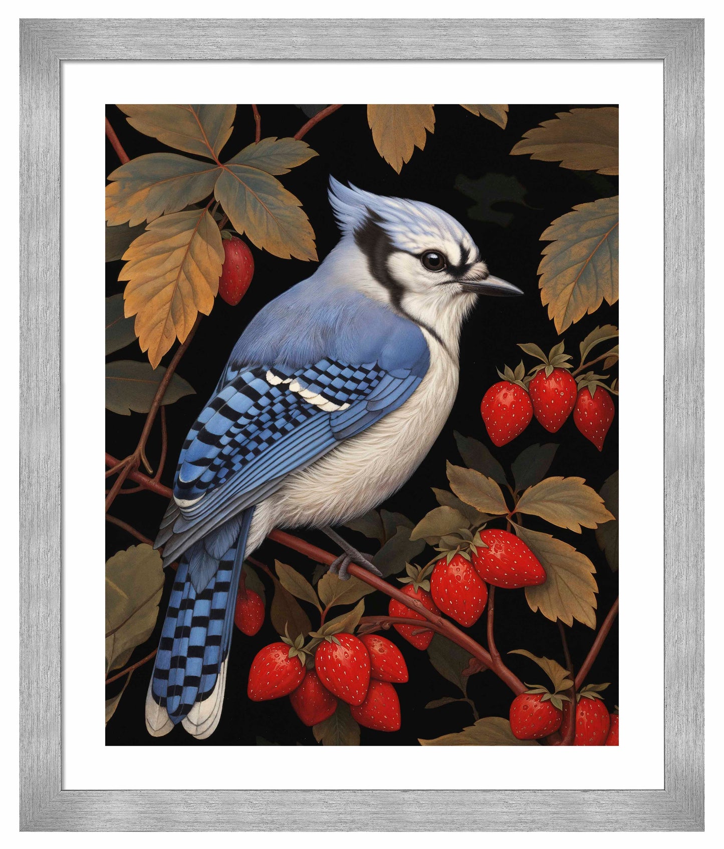 Berry Bliss - Blue Jay in Strawberry Patch - Art Prints
