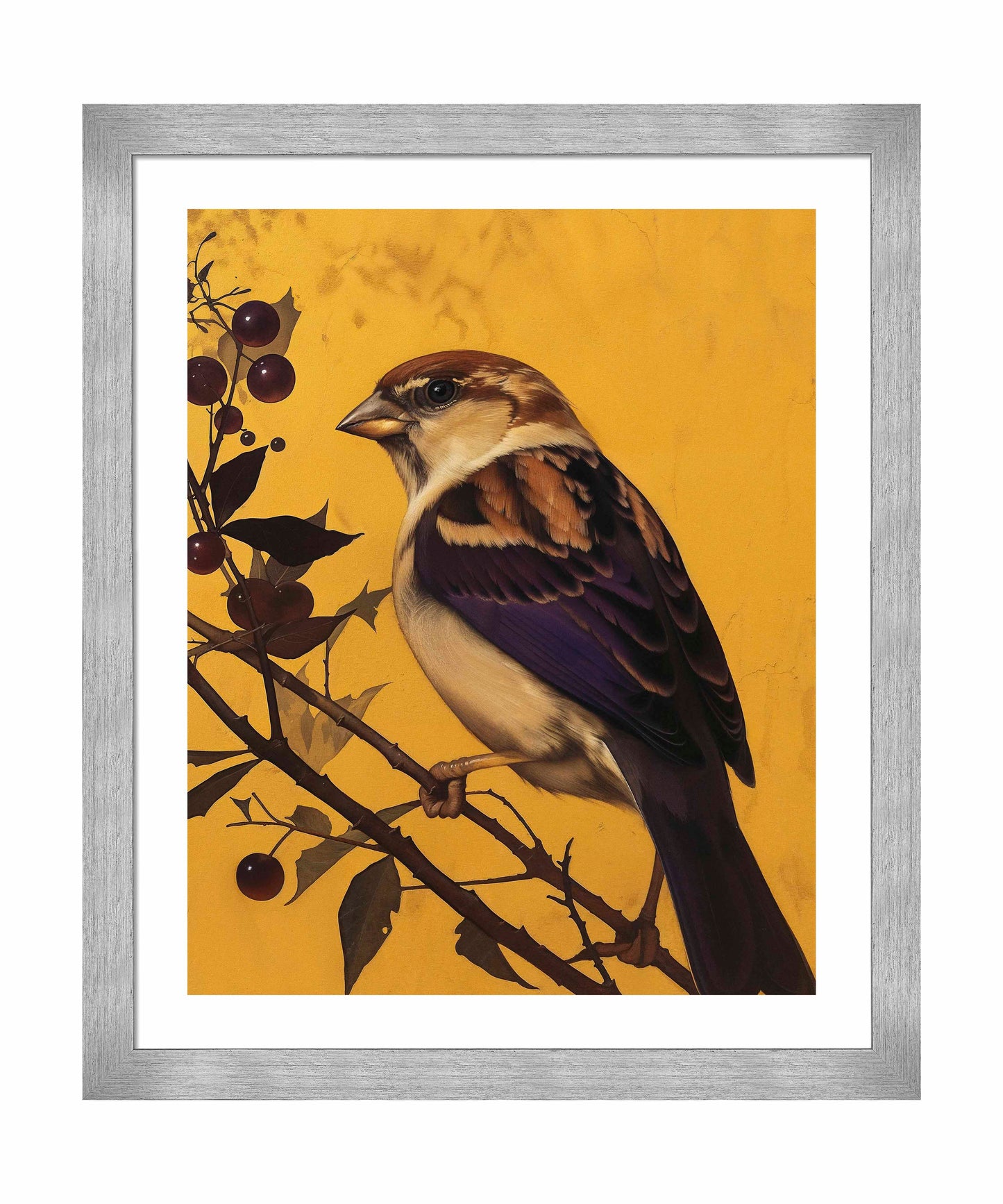 Golden Perch - Sparrow Among Dark Berries - Art Prints