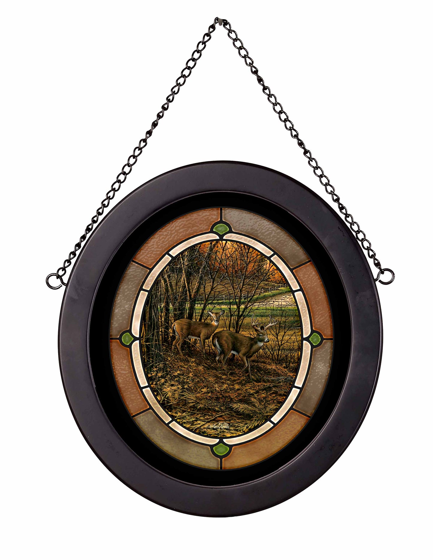 Indian Summer - Deer - 9" x 8" Black Oval Stained Glass Art