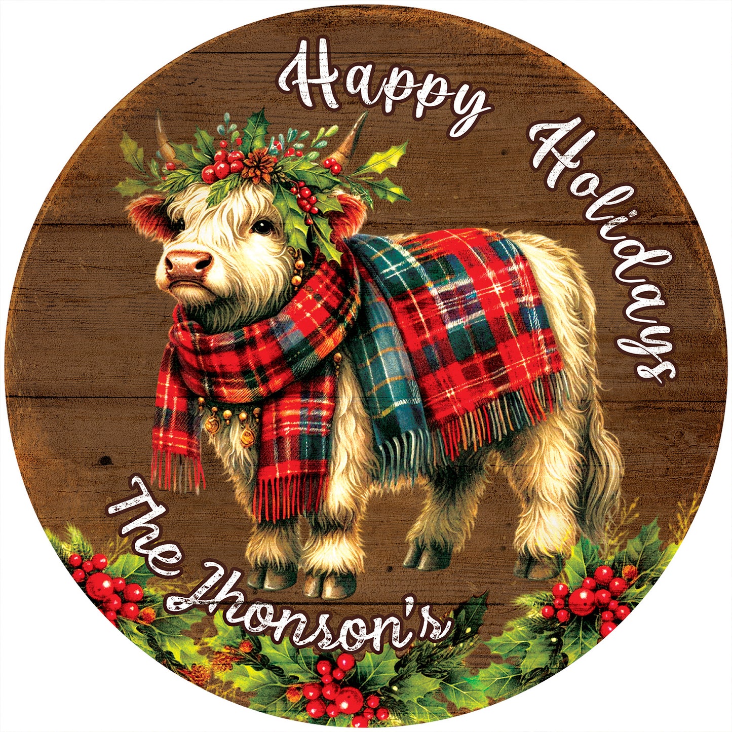 Happy Holidays - 21” Personalized Round Wood Sign