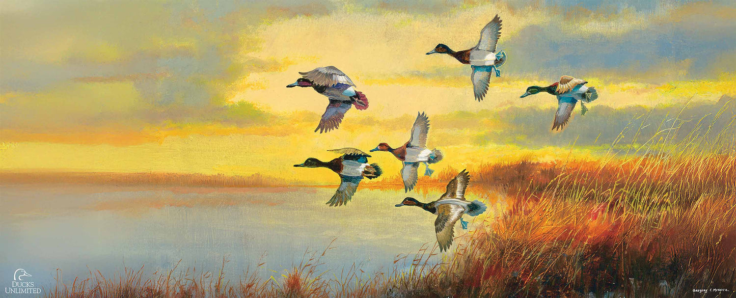Autumn Sunrise Bluebills 12" x 30" Wood Sign - Official Ducks Unlimited Art