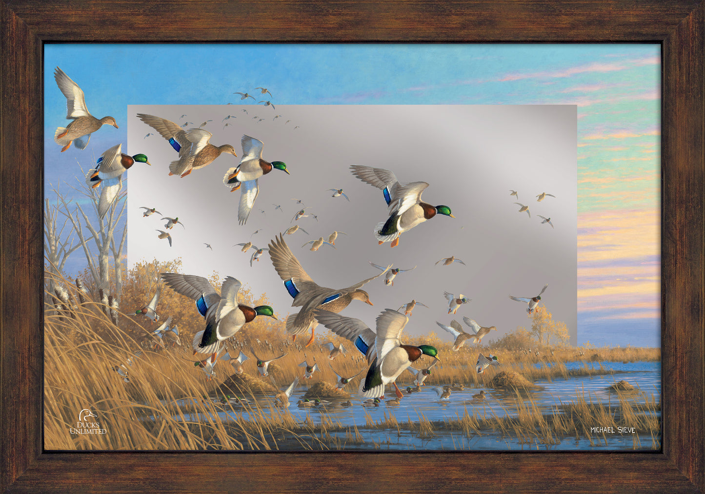 Courtship Flight - Mallard 16" x 24" Mirror Framed Barnwood - Official Ducks Unlimited Art