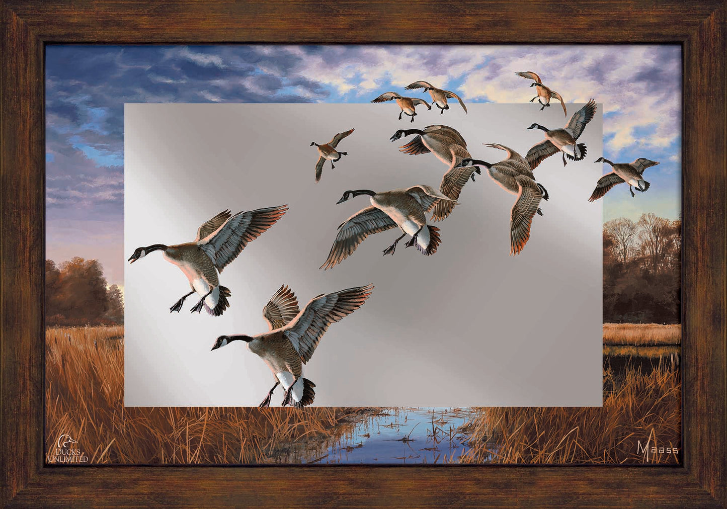 Daybreak Descent - Canada Geese 16" x 24" Mirror Framed Barnwood - Official Ducks Unlimited Art