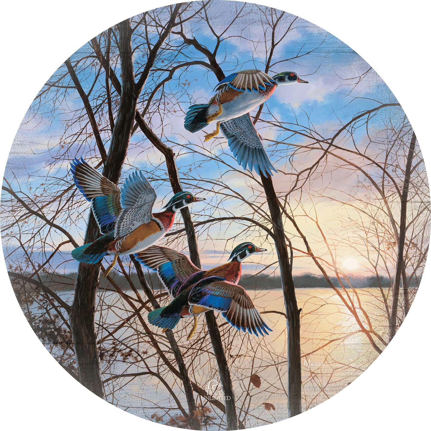 Evening Flight Wood Ducks 21" Round Wood Sign - Official Ducks Unlimited Art