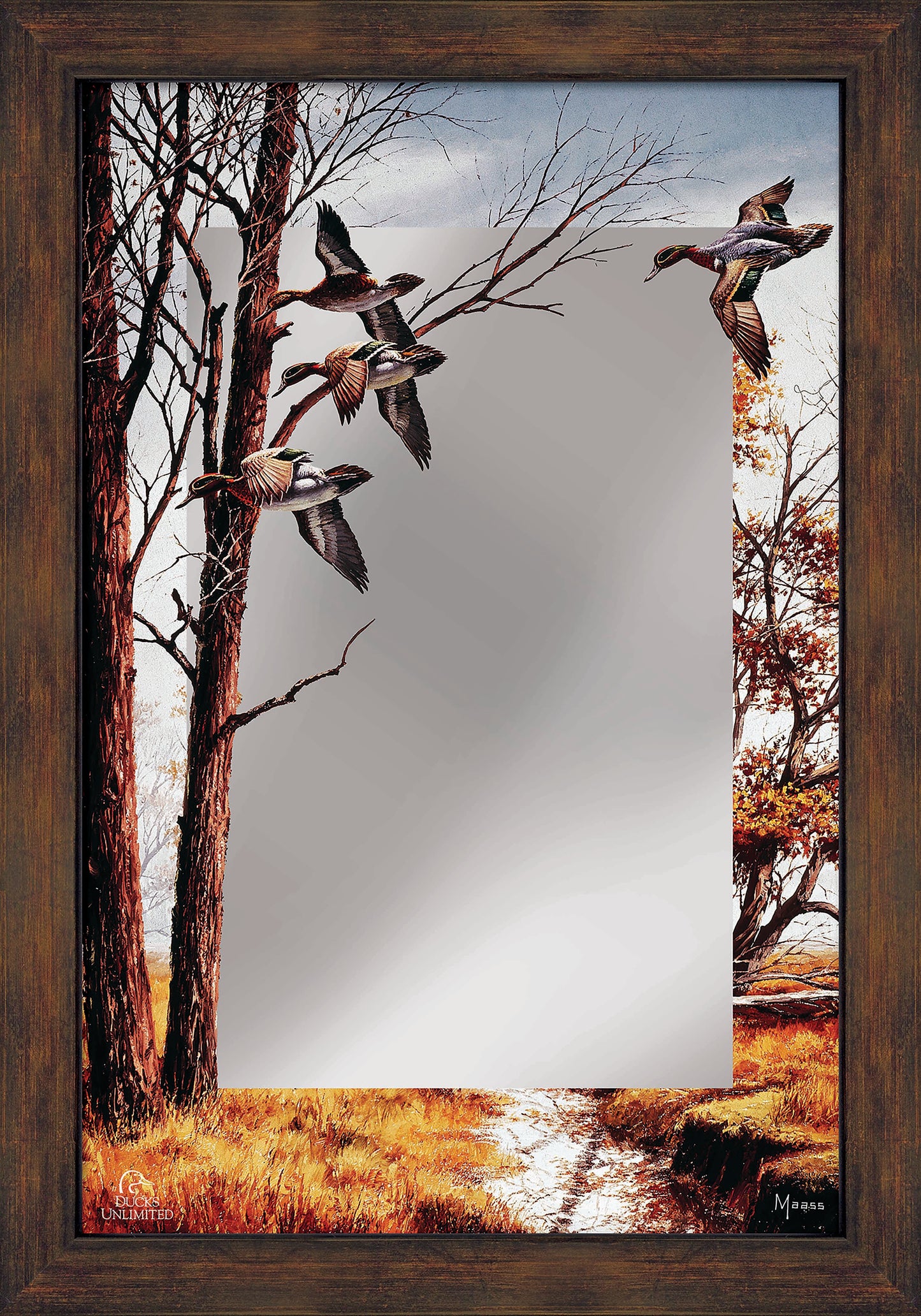 Misty Morning - Green - winged Teal 16" x 24" Mirror Framed Barnwood - Official Ducks Unlimited Art