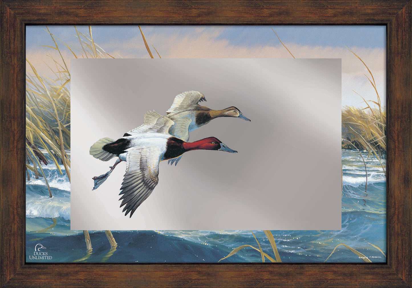 On the Deck Canvasbacks 16" x 24" Mirror Framed Barnwood - Official Ducks Unlimited Art