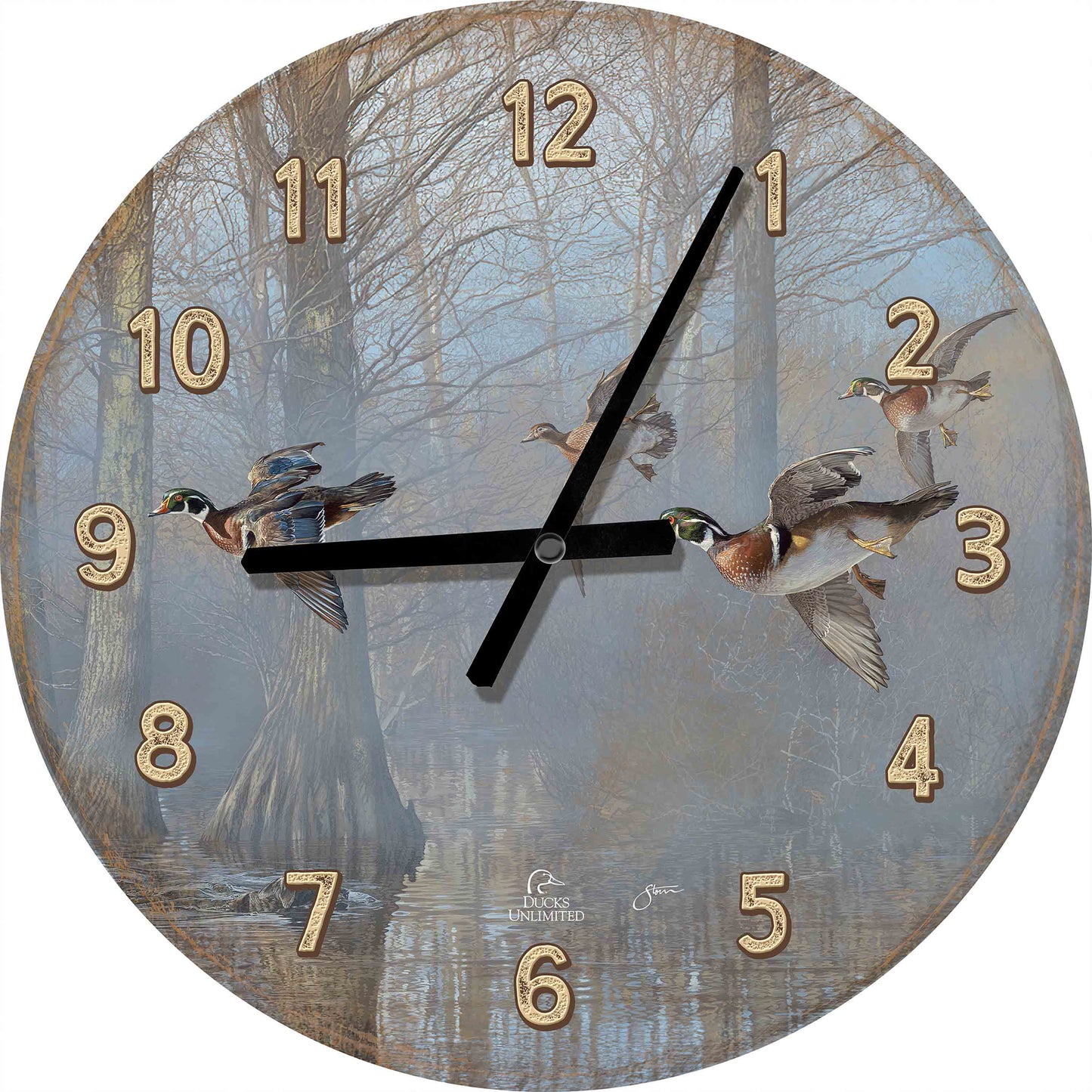 Out of the Mist - Wood Ducks 21" Round Clocks - Official Ducks Unlimited Art