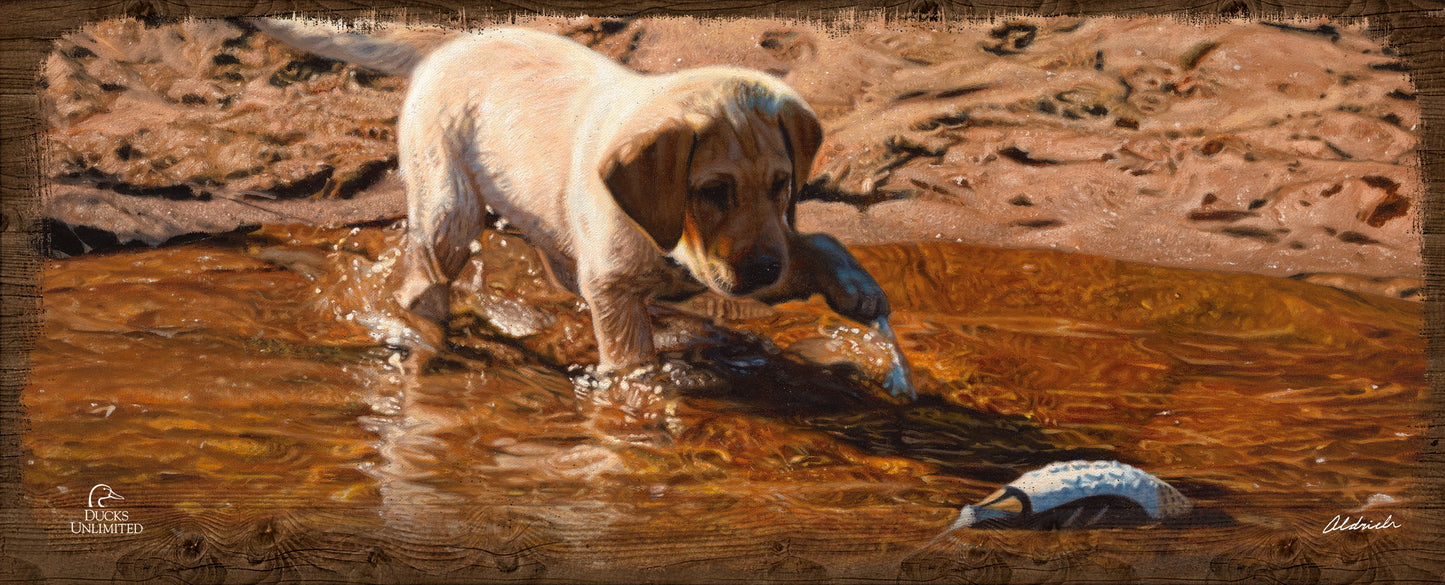 Piddle Paddle Pup Yellow Lab 12" x 30" Wood Sign - Official Ducks Unlimited Art