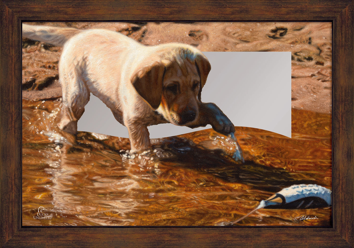Piddle Paddle Pup Yellow Lab 16" x 24" Mirror Framed Barnwood - Official Ducks Unlimited Art