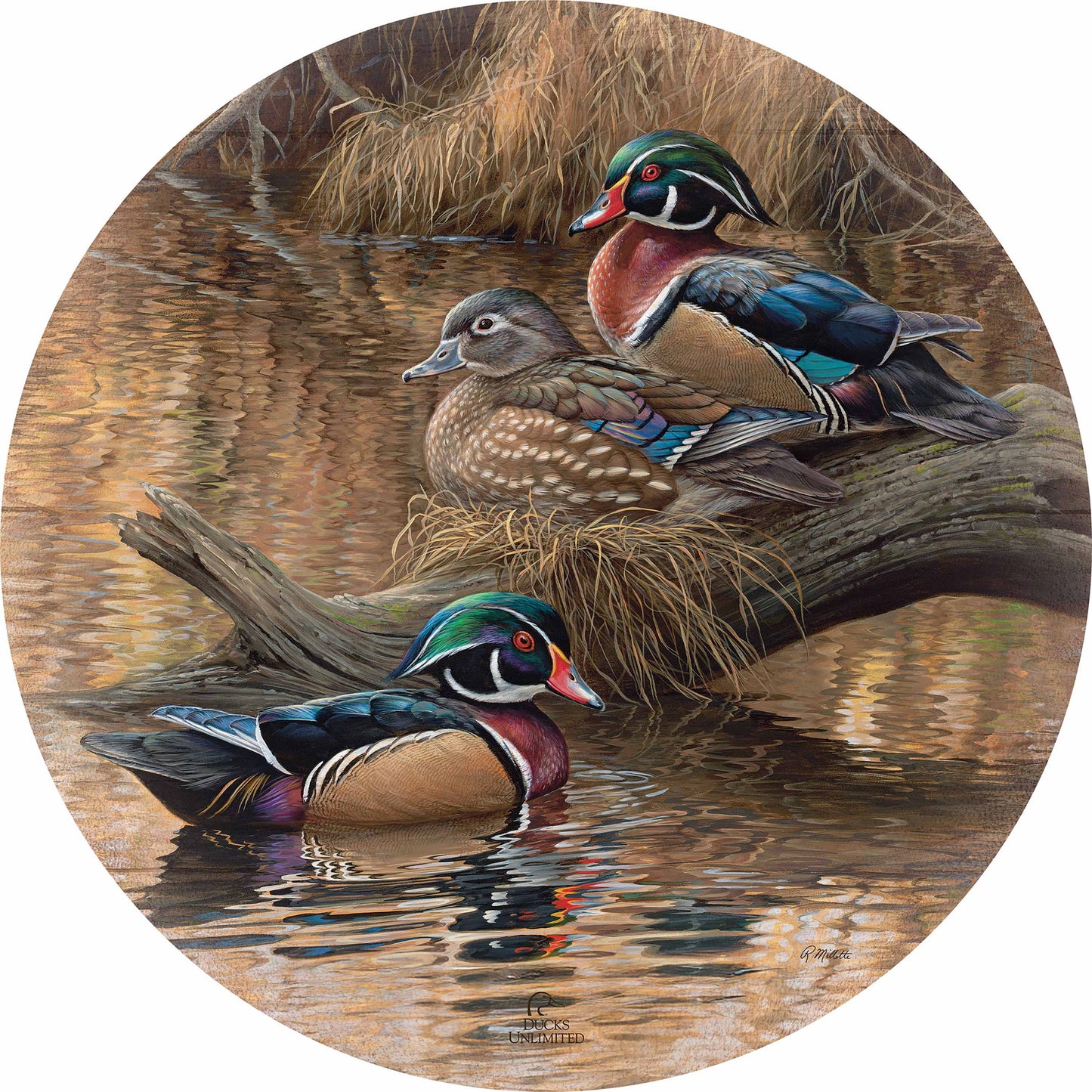 Sitting Pretty Wood Ducks 21" Round Wood Sign - Official Ducks Unlimited Art