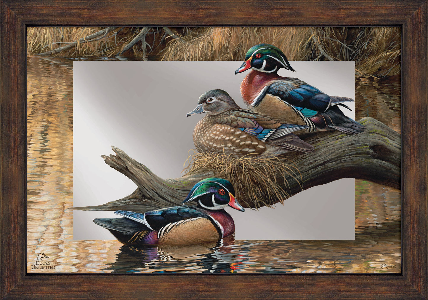 Sitting Pretty Wood Ducks 16" x 24" Mirror Framed Barnwood - Official Ducks Unlimited Art