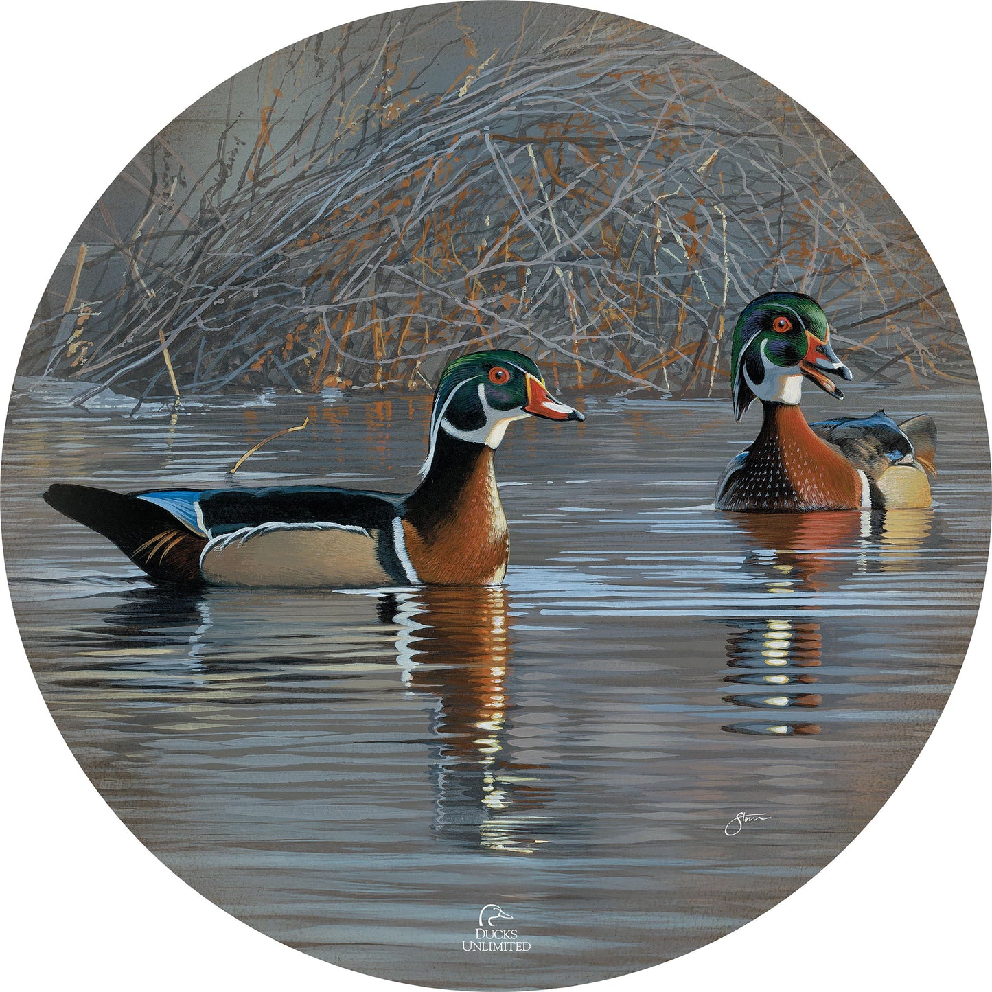 Springtime Chatter Wood Ducks 21" Round Wood Sign - Official Ducks Unlimited Art