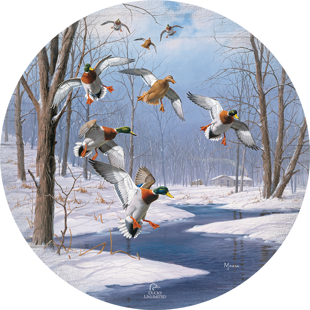 Winter Wonder- Mallards - 21" Round Wood Sign - Official Ducks Unlimited Art