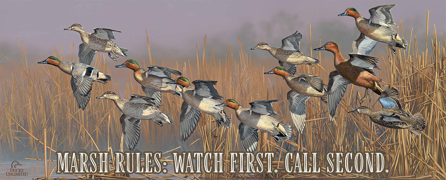 Teal Time "Built by wetlands. Protected by hunters." 12" x 30" Wood Sign - Official Ducks Unlimited Art