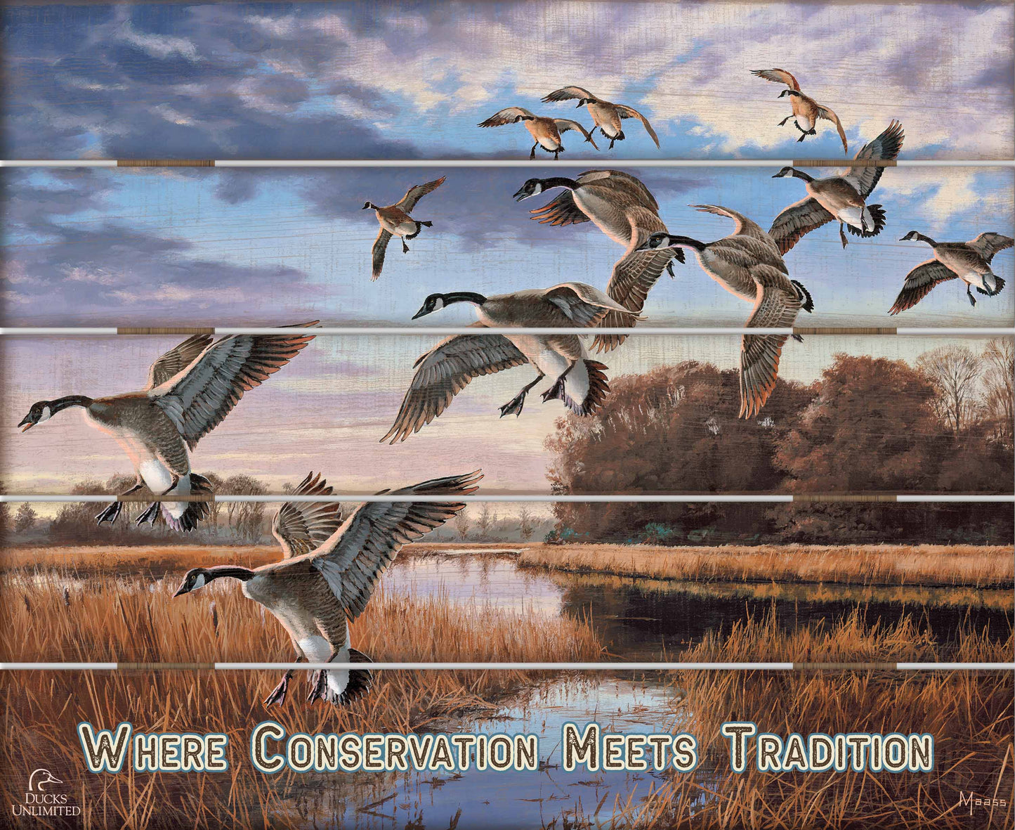 Daybreak Descent Canada Geese "Where Conservation Meets Tradition" 18" x 22" Pallet Wall Art - Official Ducks Unlimited Art