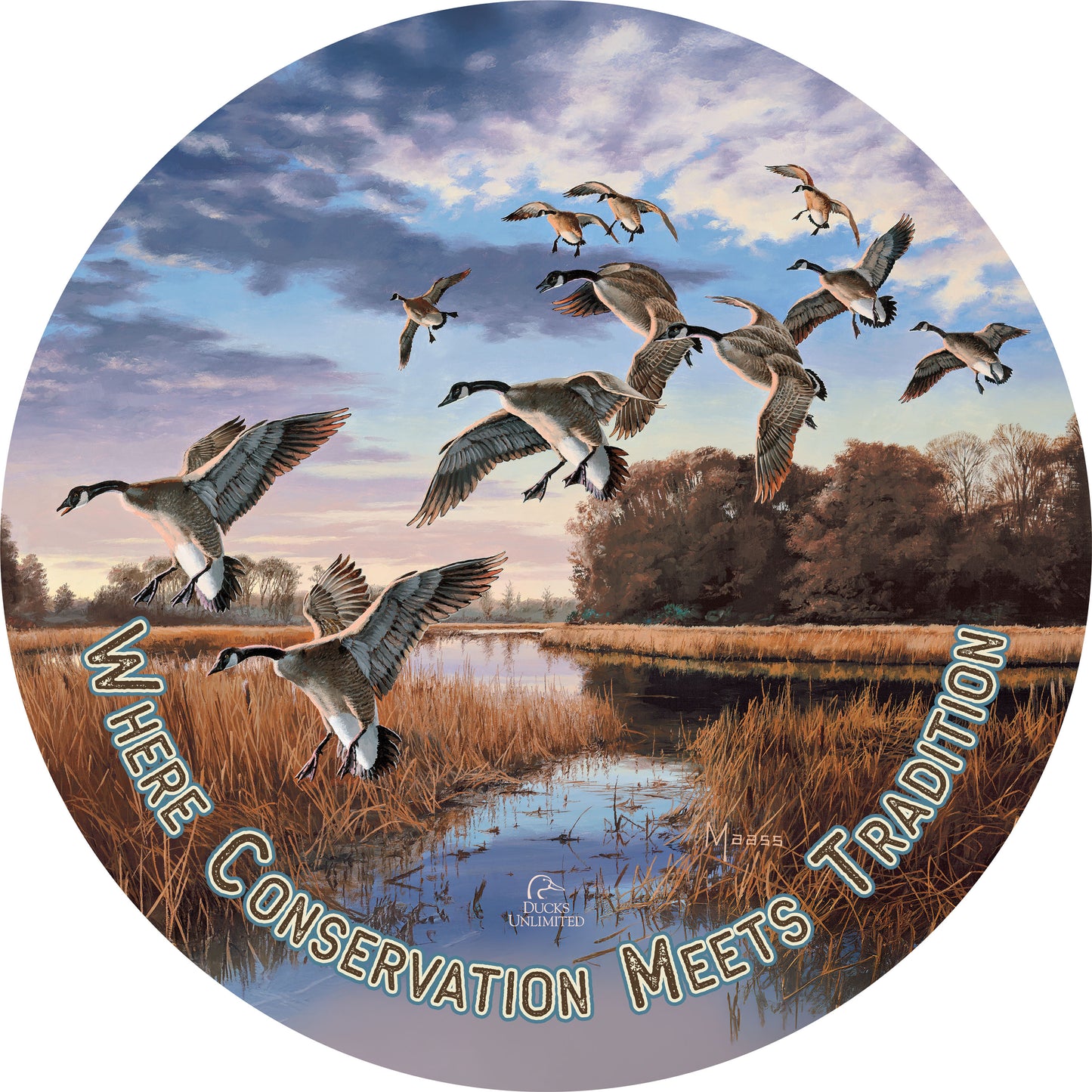 Daybreak Descent Canada Geese "Where Conservation Meets Tradition" 21" Round Wood Sign - Official Ducks Unlimited Art