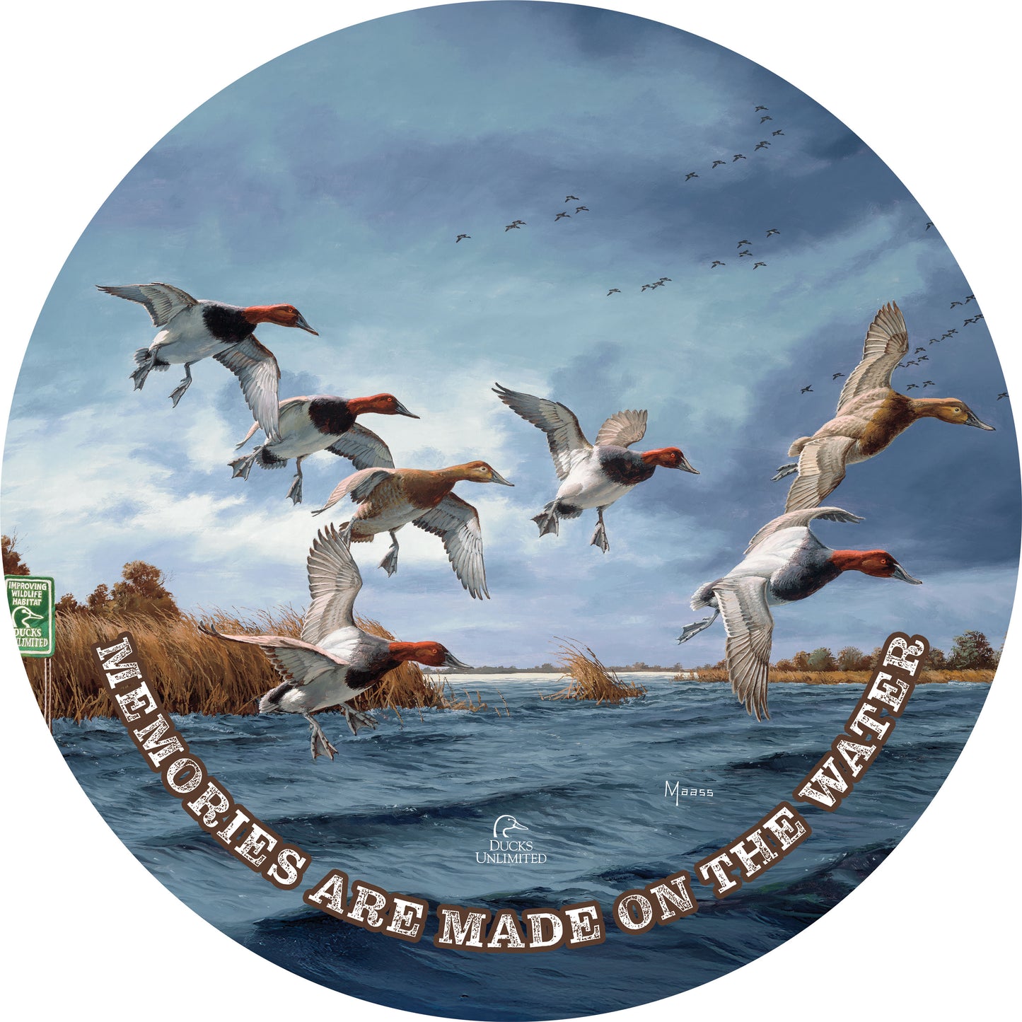 Fruits of Your Labor Canvasbacks "Memories Are Made on the Water" 21" Round Wood Sign - Official Ducks Unlimited Art