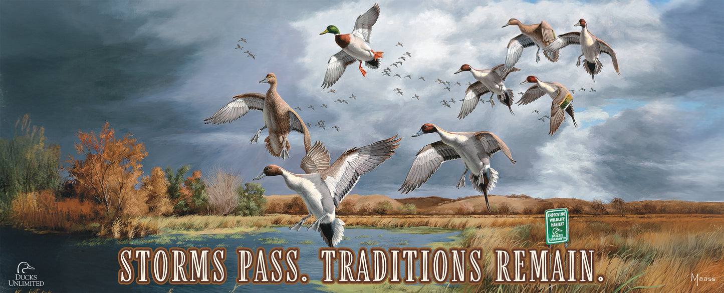 Fruits of Your Labor Pintails and Mallards "Storms Pass. Traditions Remain." 12" x 30" Wood Sign - Official Ducks Unlimited Art