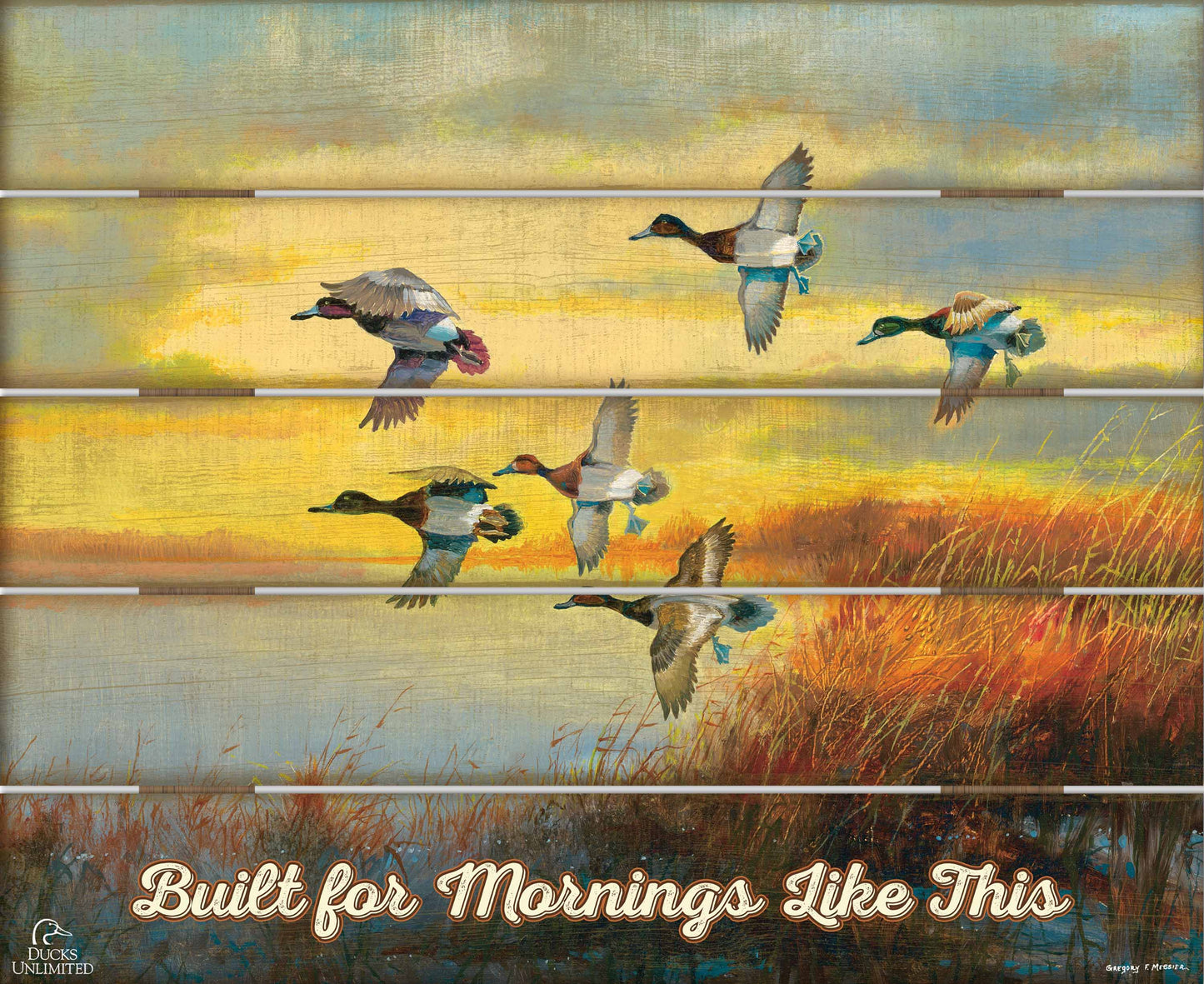 Autumn Sunrise Bluebills "Built for Mornings Like This" 18" x 22" Pallet Wall Art - Official Ducks Unlimited Art