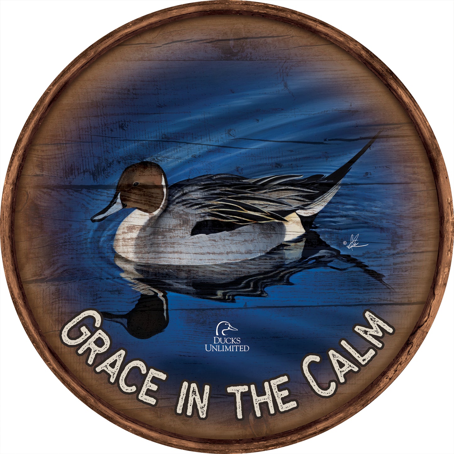 Calm Blue Water "Grace in the Calm." 21" Round Wood Sign - Official Ducks Unlimited Art