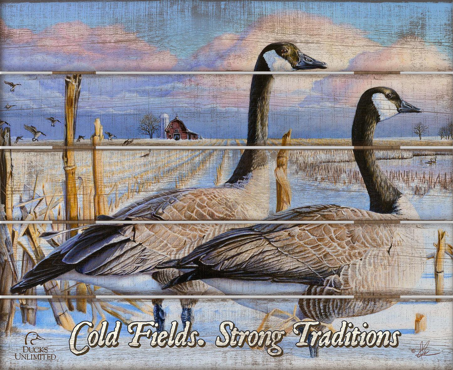 Canada Geese "Cold Fields. Strong Traditions." 18" x 22" Pallet Wall Art - Official Ducks Unlimited Art
