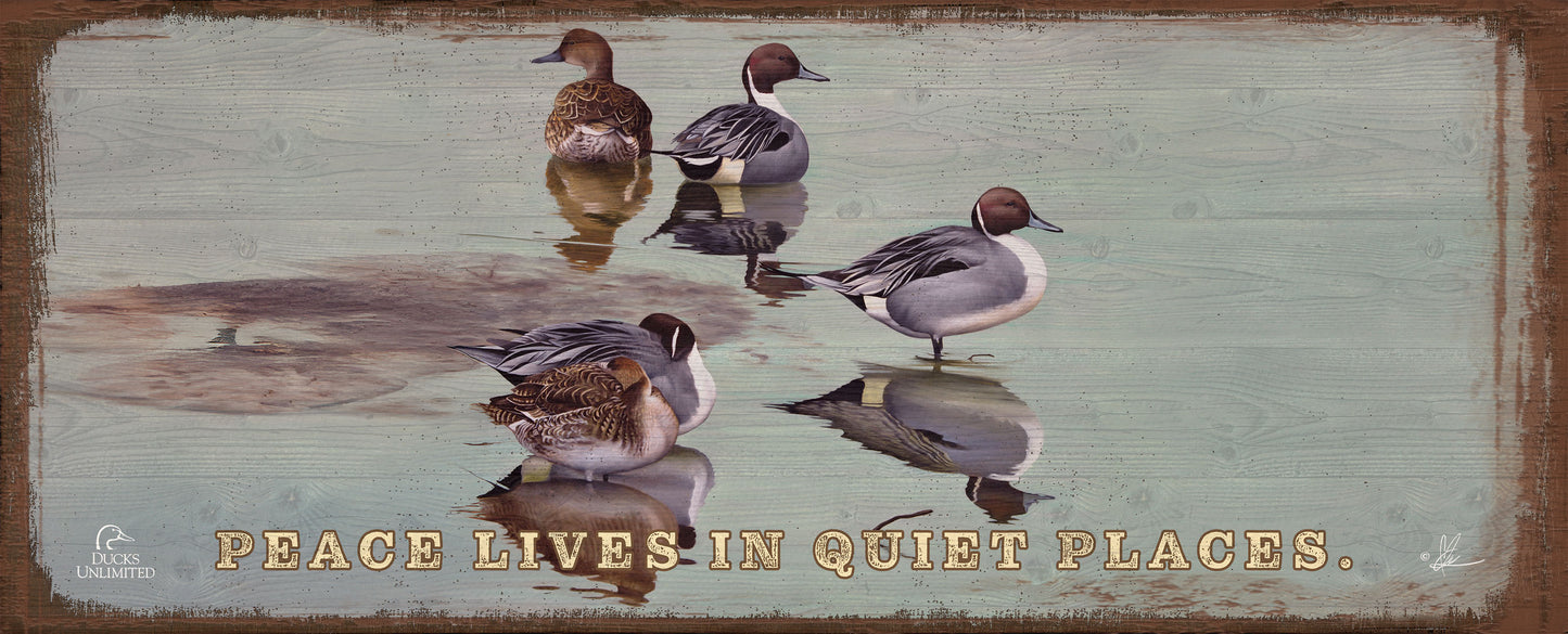 Overcast "Peace Lives in Quiet Places." 12" x 30" Wood Sign - Official Ducks Unlimited Art