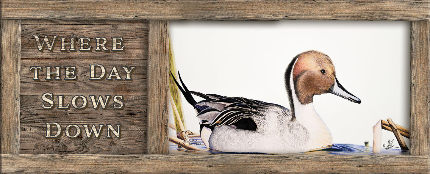 Pintail "Where the Day Slows Down." 12" x 30" Wood Sign - Official Ducks Unlimited Art