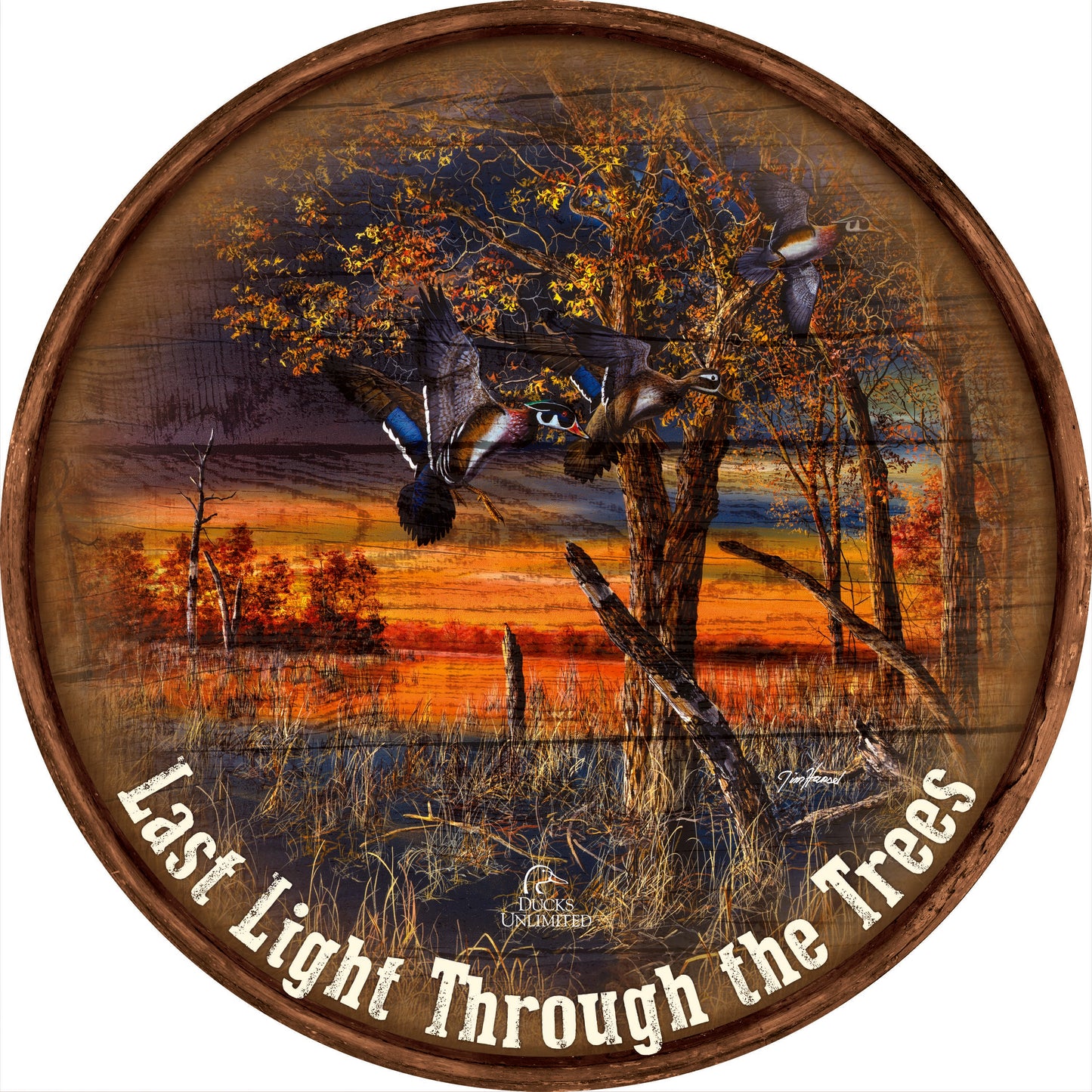 Return to the Refuge "Last Light Through the Trees." 21" Round Wood Sign - Official Ducks Unlimited Art