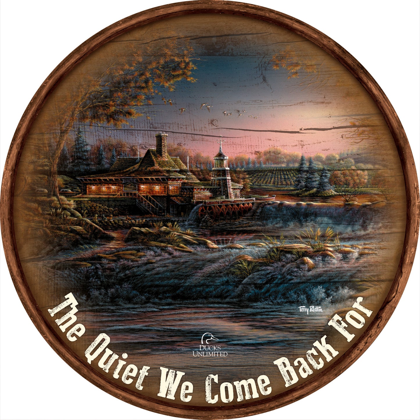 Guardian of Conservation "The Quiet We Come Back For." 21" Round Wood Sign - Official Ducks Unlimited Art
