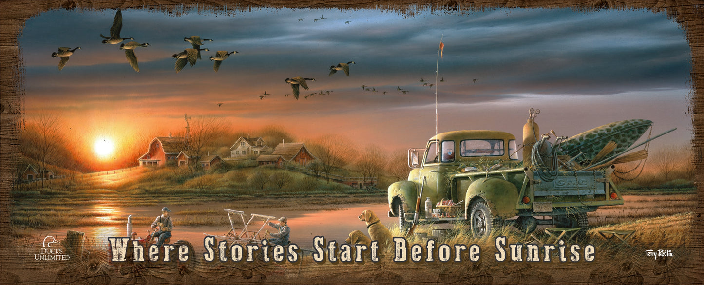 Patiently Waiting "Where Stories Start Before Sunrise." 12" x 30" Wood Sign - Official Ducks Unlimited Art