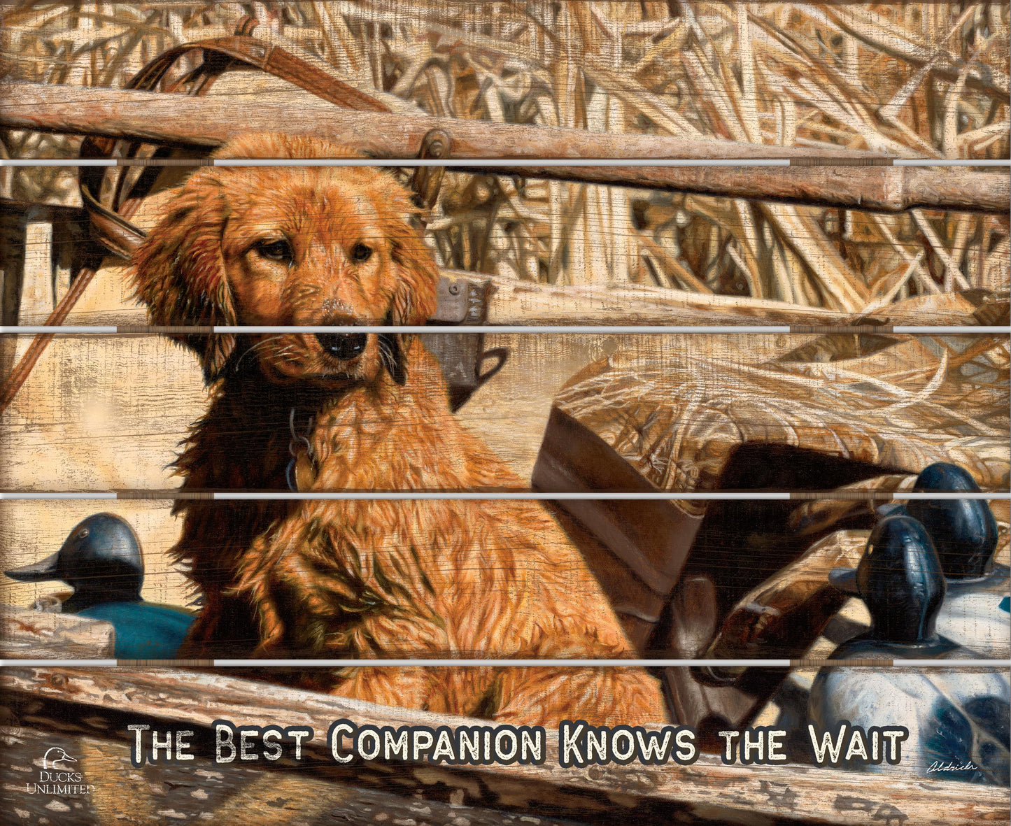 Pup Commander Golden Retriever "The Best Companion Knows the Wait." 18" x 22" Pallet Wall Art - Official Ducks Unlimited Art