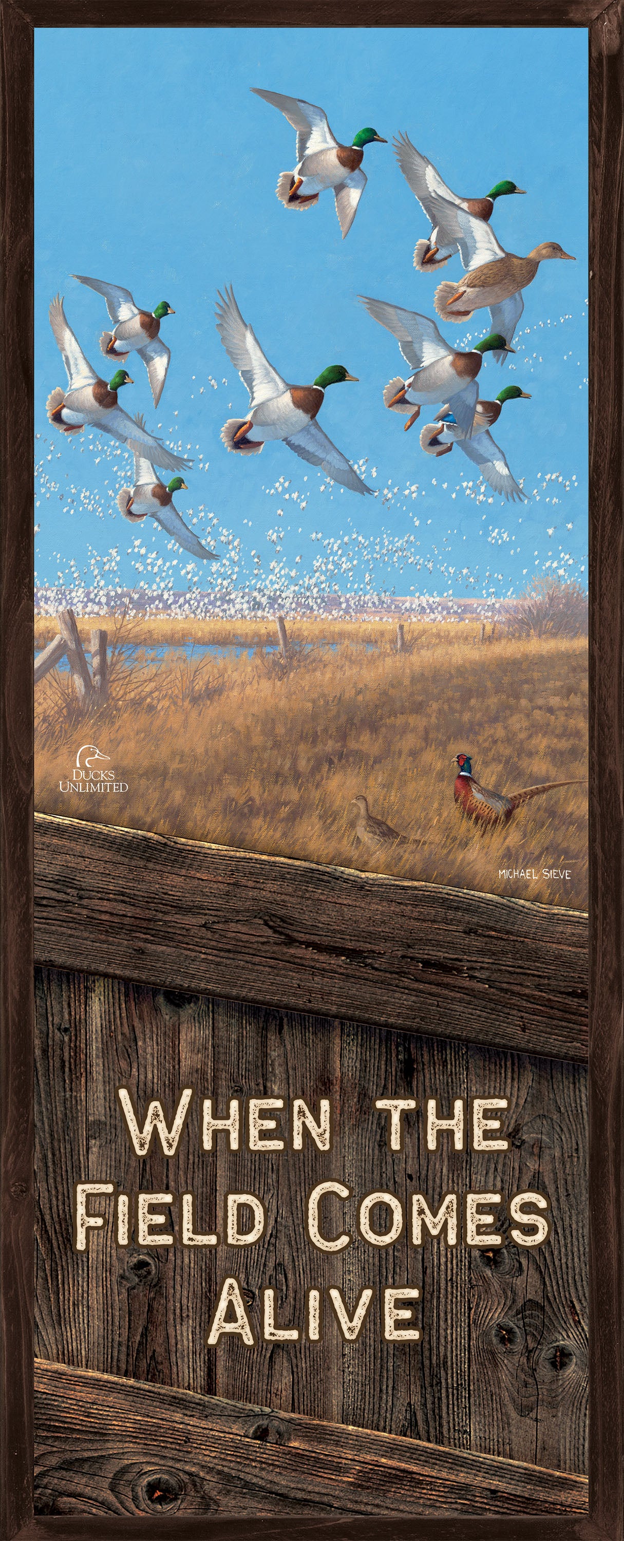 Courtship Flight Mallard "When the Field Comes Alive." 12" x 30" Wood Sign - Official Ducks Unlimited Art