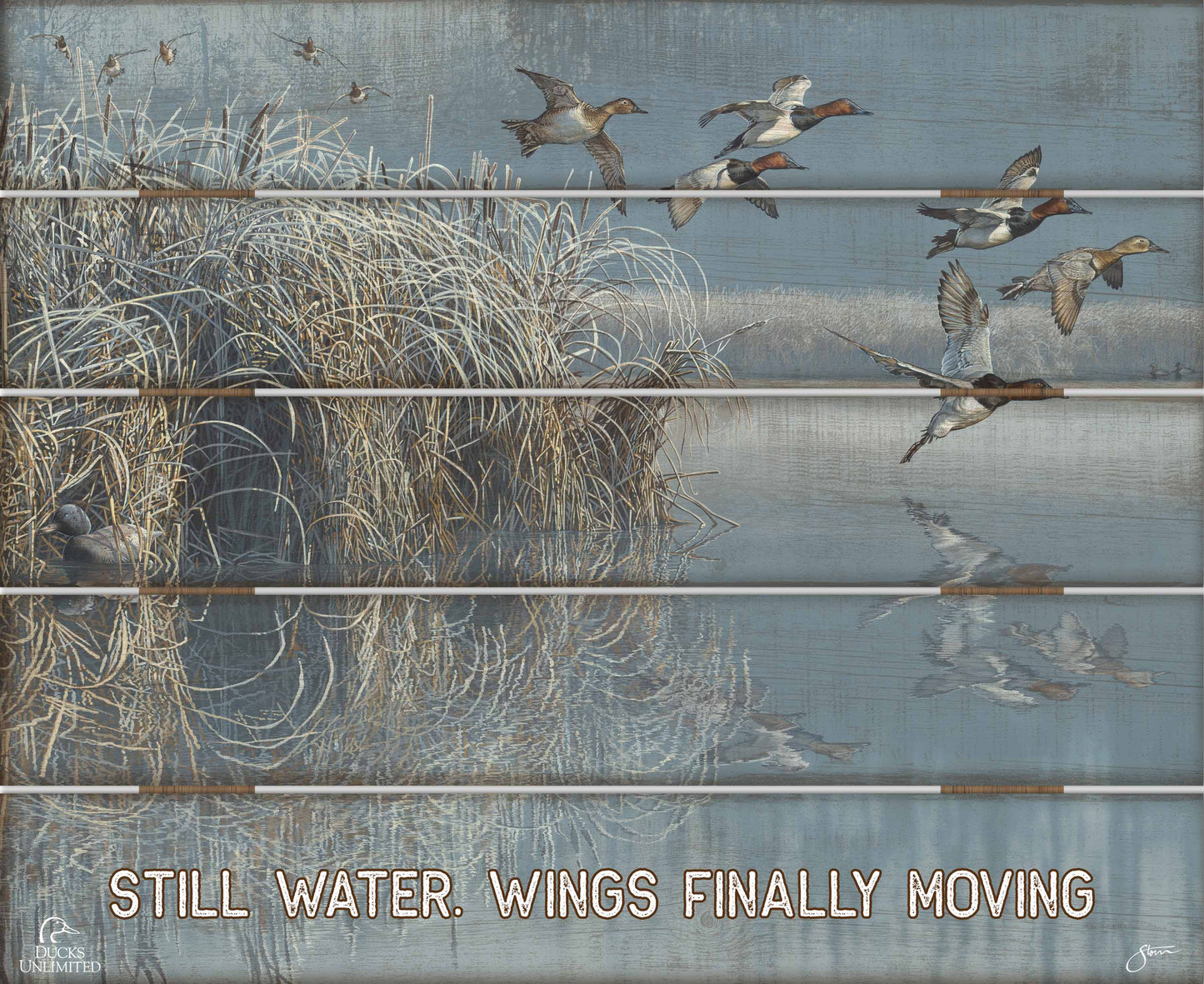 A Hint of Yesteryear “Still Water. Wings Finally Moving.” 18" x 22" Pallet Wall Art - Official Ducks Unlimited Art