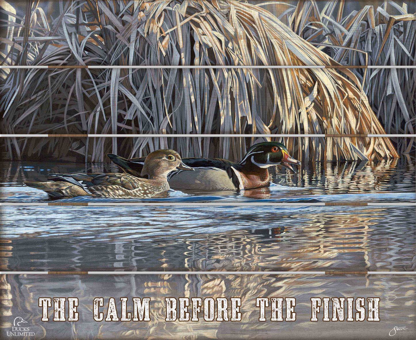 Backwater Gathering “The Calm Before the Finish.” 18" x 22" Pallet Wall Art - Official Ducks Unlimited Art