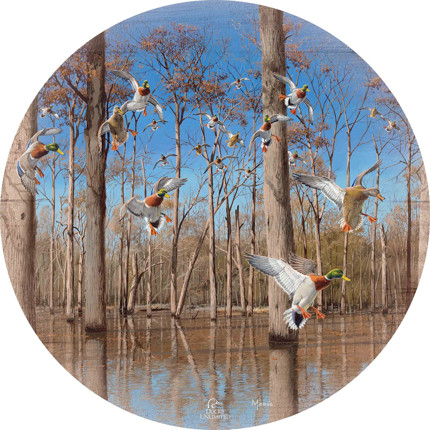 Down from the North - Mallards “Fast Wings. No Second Chances.” 21" Round Wood Sign - Official Ducks Unlimited Art