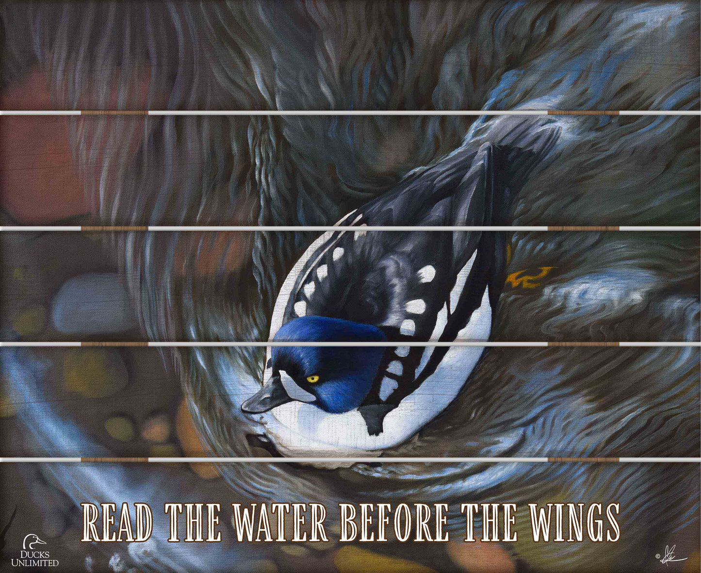 Lamar River Divers “Read the Water Before the Wings.” 18" x 22" Pallet Wall Art - Official Ducks Unlimited Art