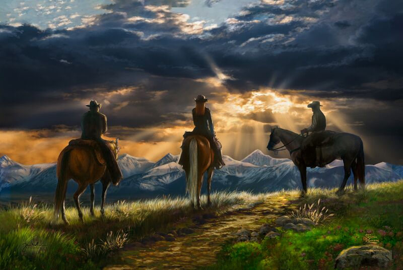 She Knows Alt Text said:
Three riders on horseback overlook snow-capped mountains under dramatic sunbeams breaking through stormy clouds in Yellowstone Under the Big Sky.