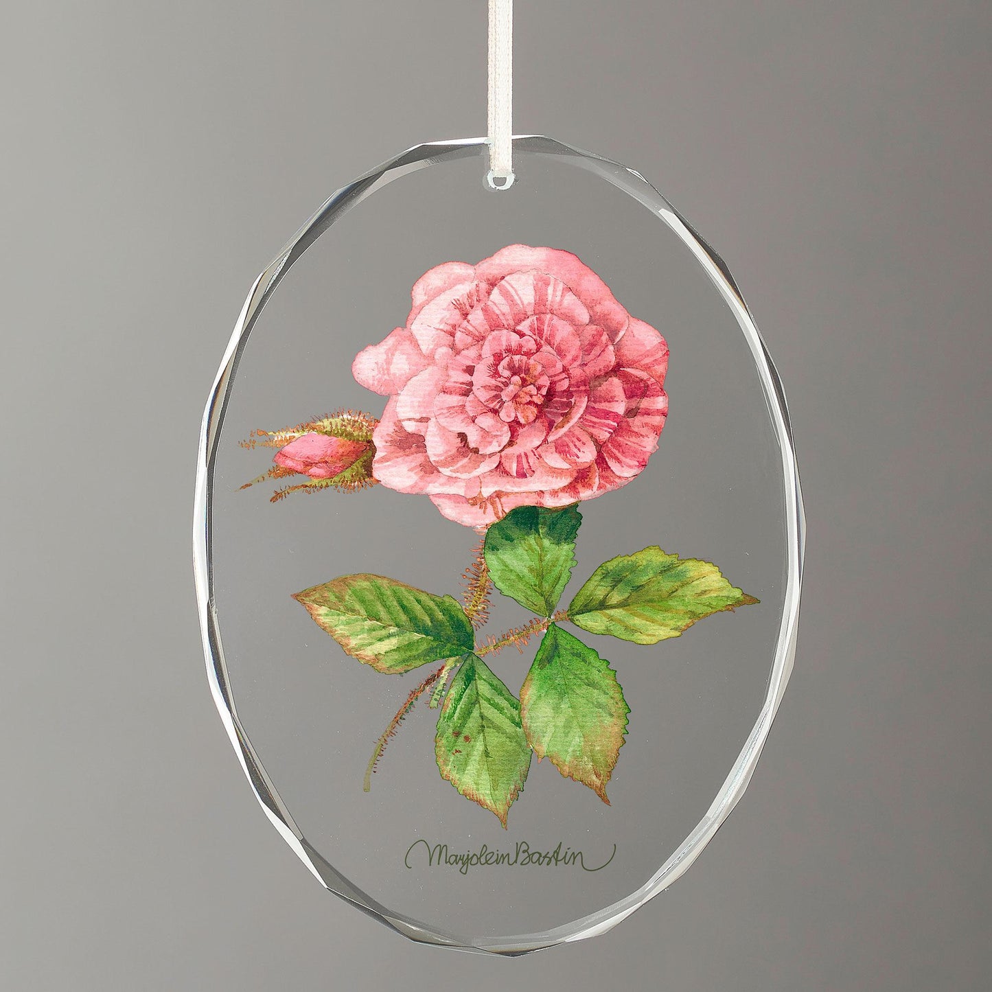 Single Pink Rose - Oval Glass Ornament