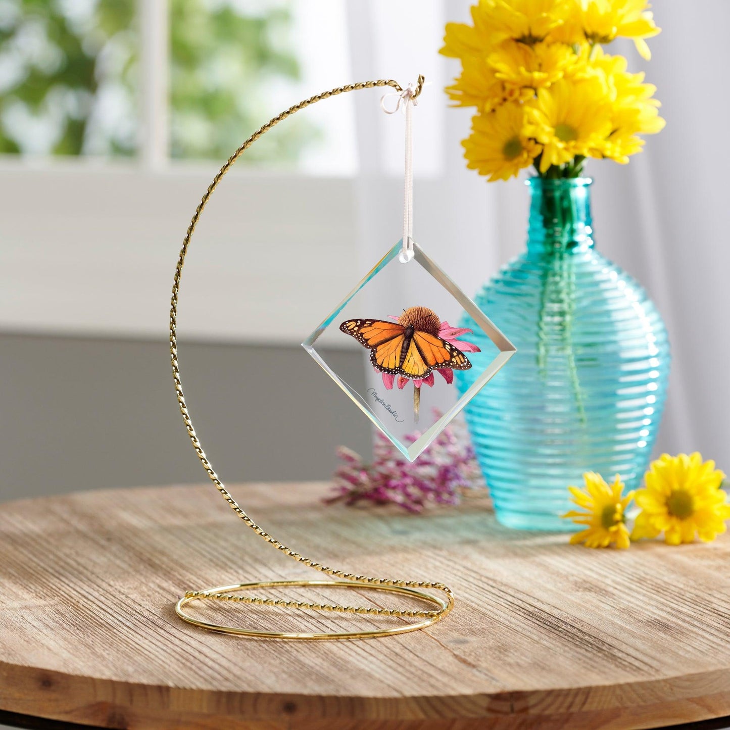 Monarch on Echinacea Diamond-Shape Glass Ornament - Wild Wings