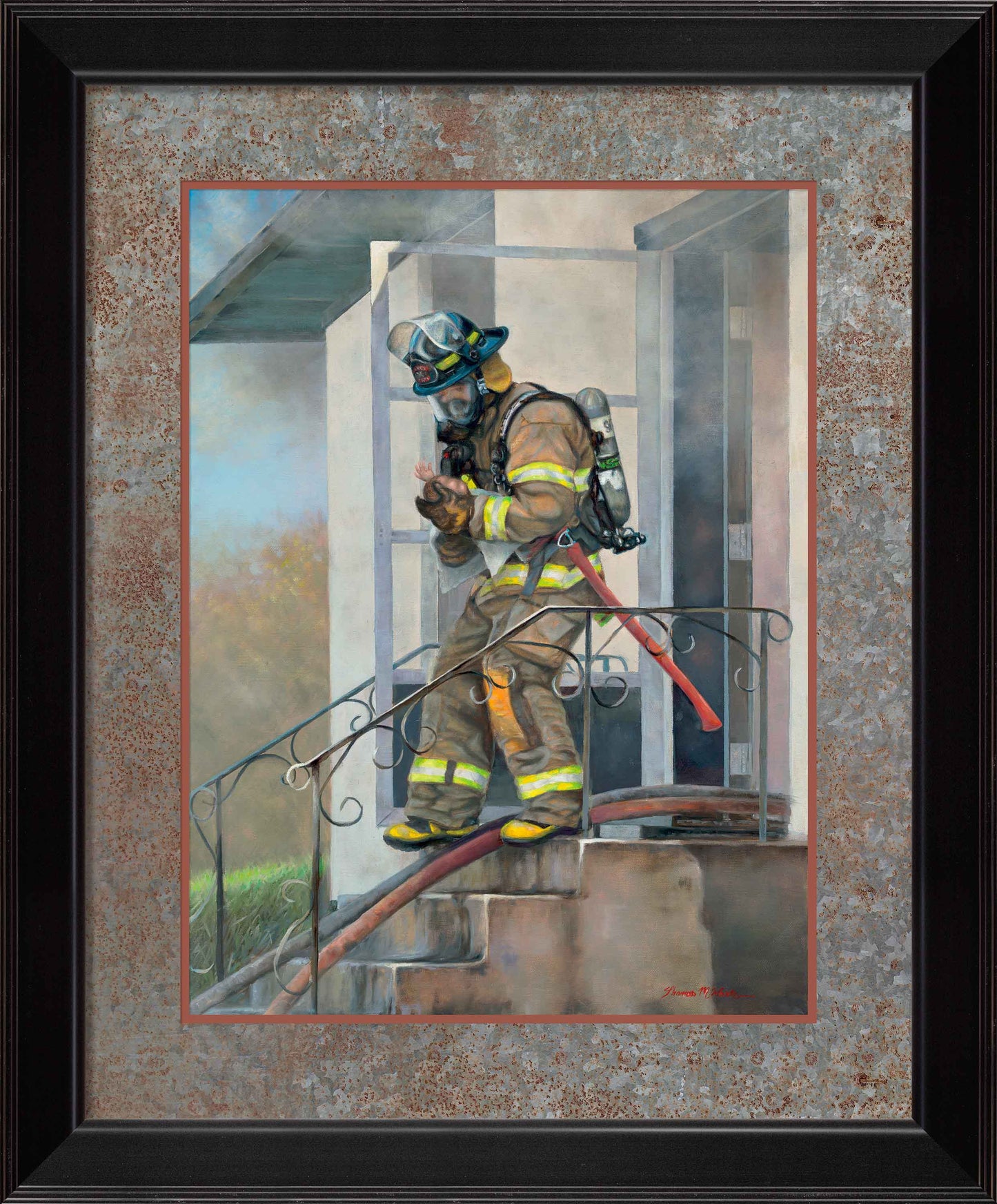 In Time—Firefighter and Baby - 24" x 18" Framed Print